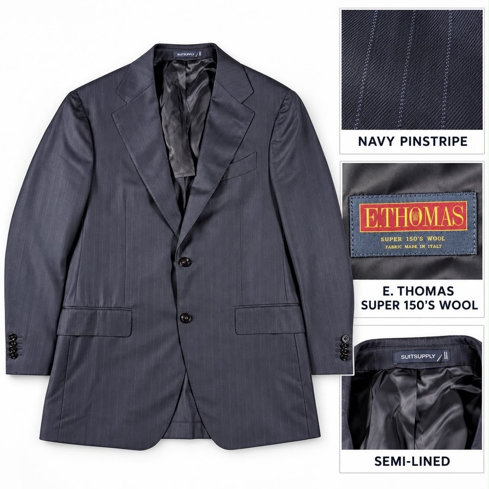 SuitSupply Ethomas Super 150s Sport Coat Mens 44 Navy Pinstripe Wool 1/4 Lined